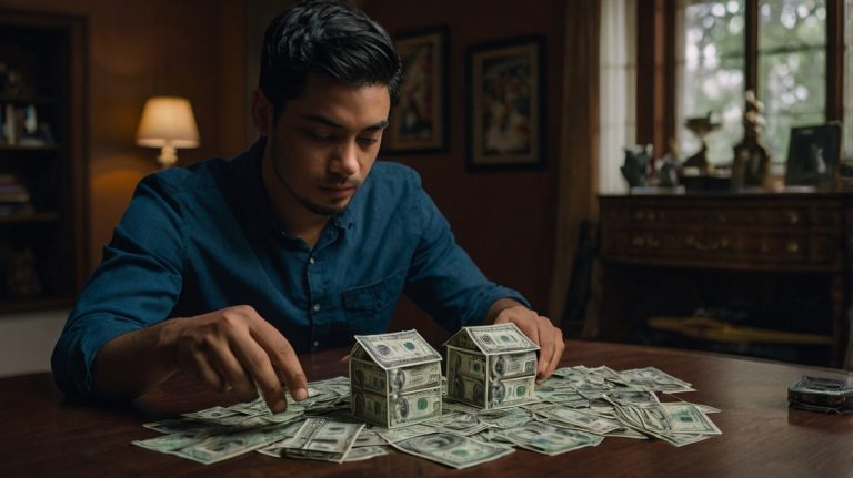 hombre latino construyendo una casa pequeña con billetes