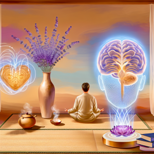 Hombre meditando con visualizaciones de corazón y cerebro, enfoque equilibrado para manejar el dolor crónico